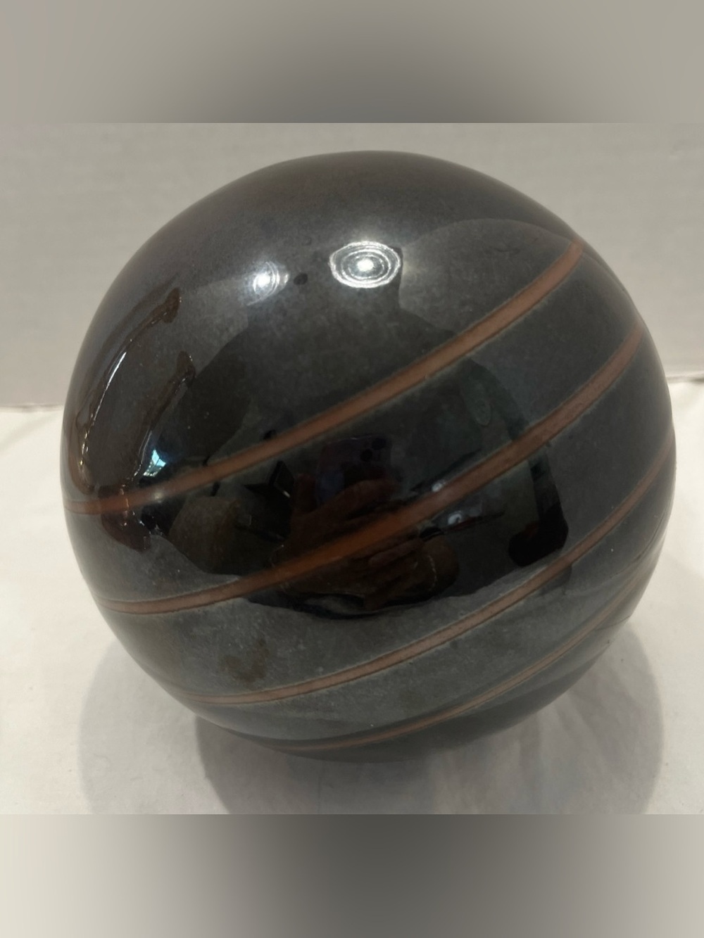 Black Art Glass Decorative Sphere Paperweight Orb w/Copper Swirl Bands